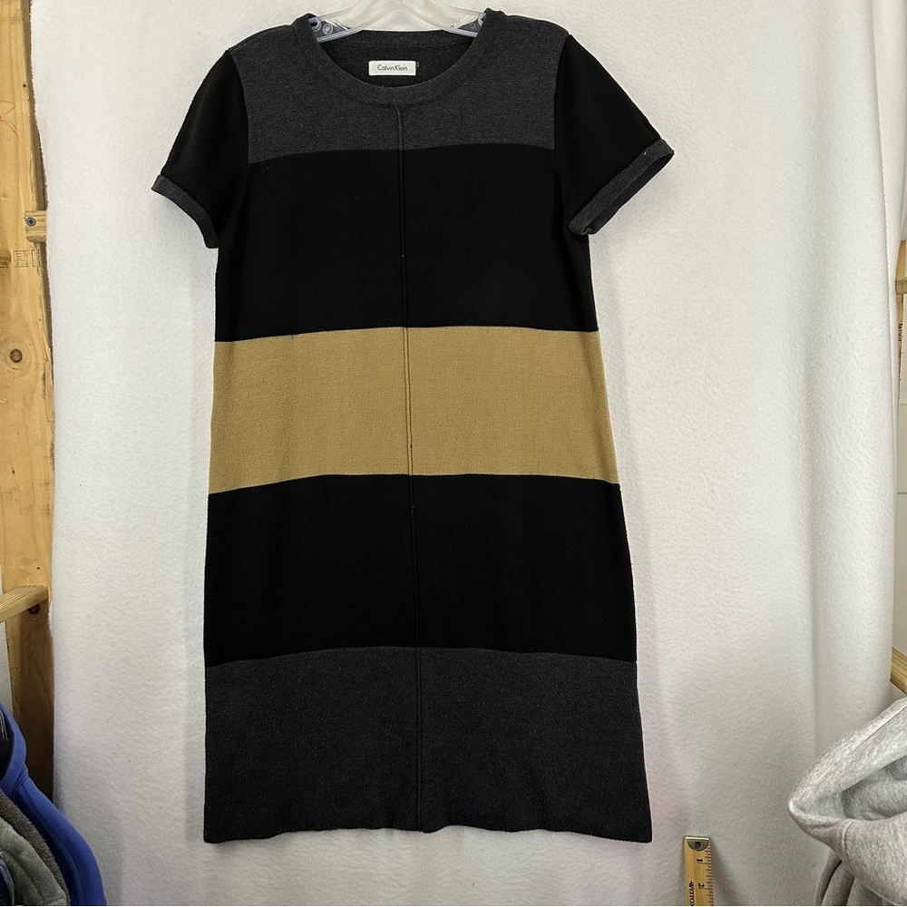 Calvin Klein Color Block Knee Length Dress Short Sleeve Womens‎ Medium Black